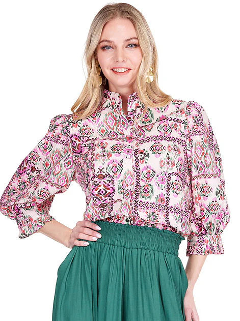 Joy Joy Woven Tapestry Ruffles Neck Blouse