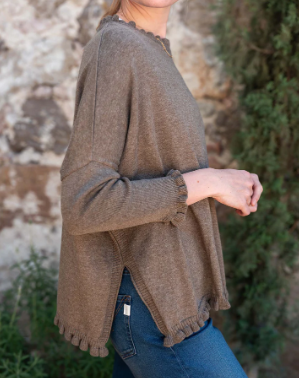 Catalina Cotton Ruffle Sweater - Taupe - One Size
