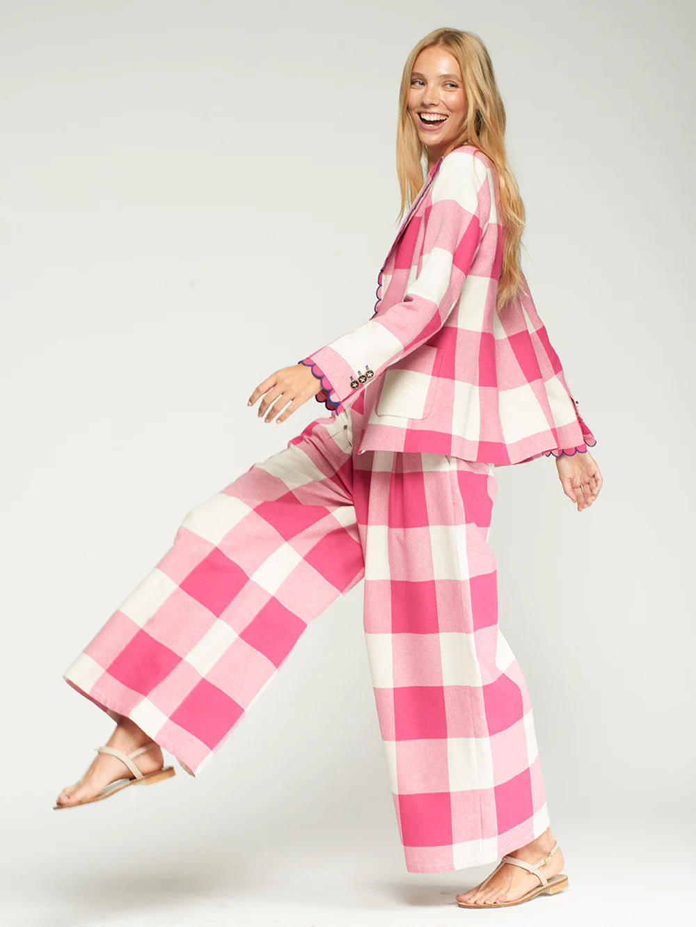 PINK GINGHAM PLEATED TROUSERS