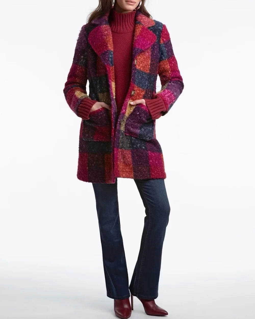 Long Plaid Texture Jacket w/ Patch Pockets