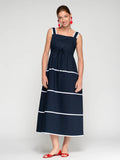 NAVY DRESS WITH WHITE STRIPED STRAPS
