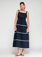 NAVY DRESS WITH WHITE STRIPED STRAPS