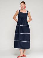 NAVY DRESS WITH WHITE STRIPED STRAPS