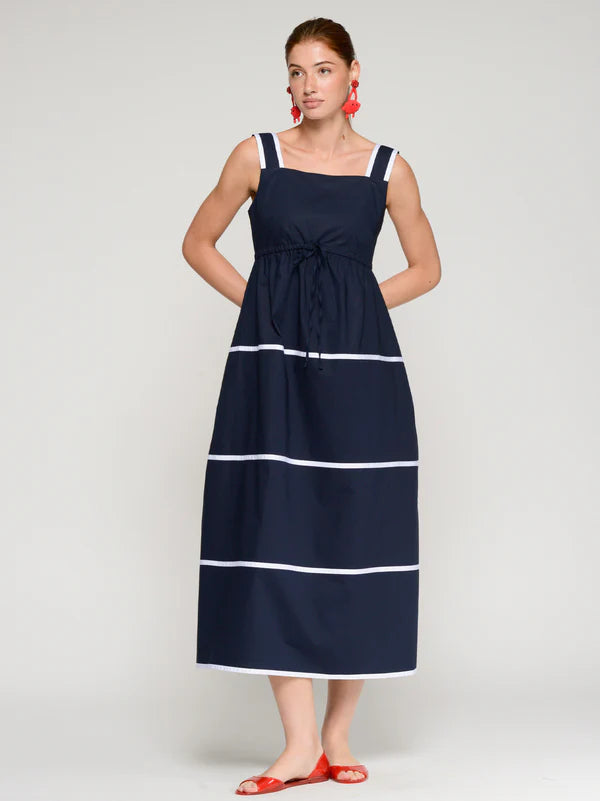 NAVY DRESS WITH WHITE STRIPED STRAPS