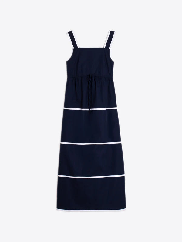 NAVY DRESS WITH WHITE STRIPED STRAPS