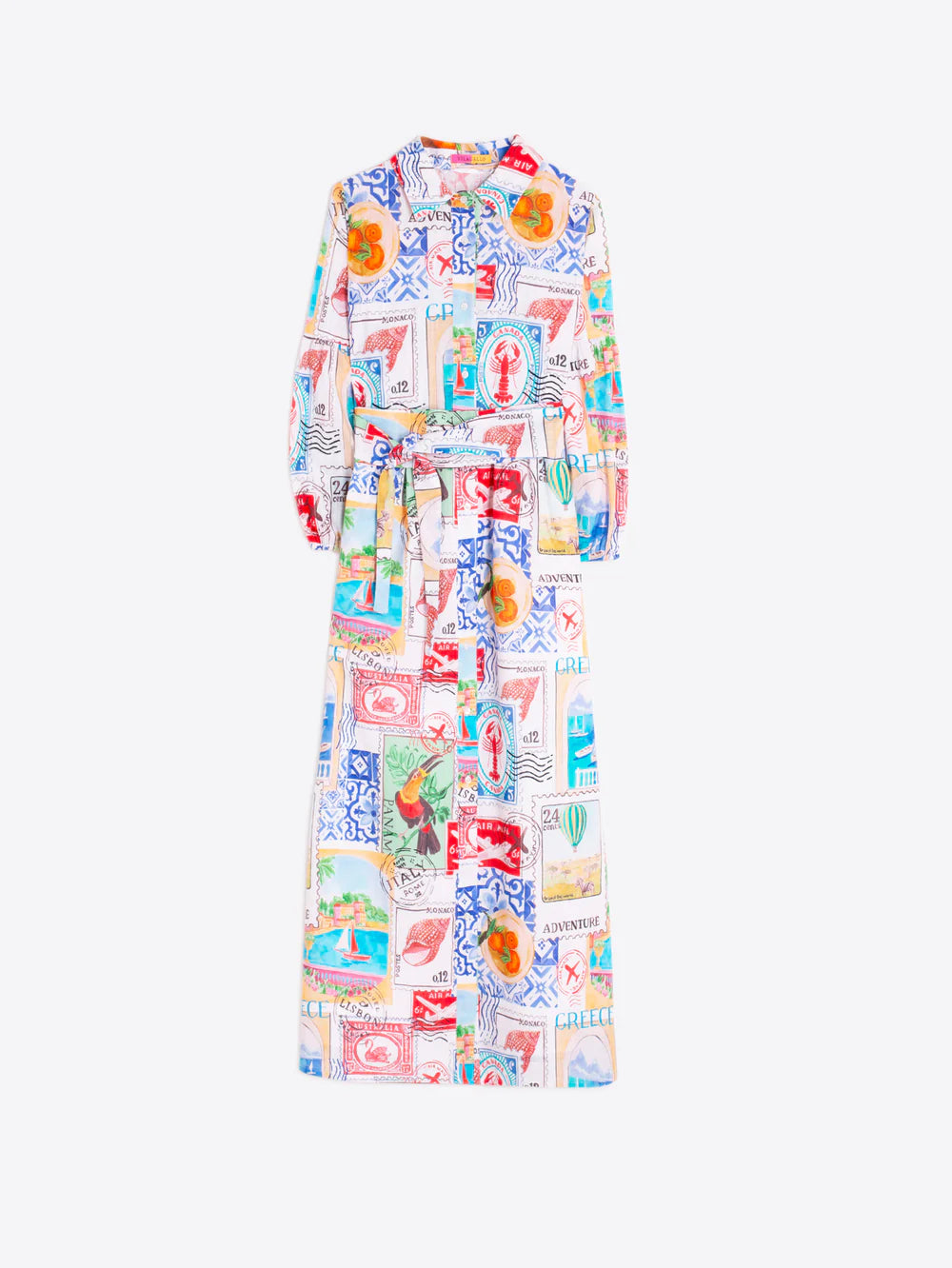 LONG DRESS WITH TRAVEL STAMP PRINT