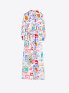 LONG DRESS WITH TRAVEL STAMP PRINT