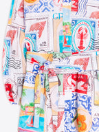 LONG DRESS WITH TRAVEL STAMP PRINT