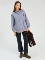 STRIPED SHIRT FRILL MINI FLOWER ON THE HEM
