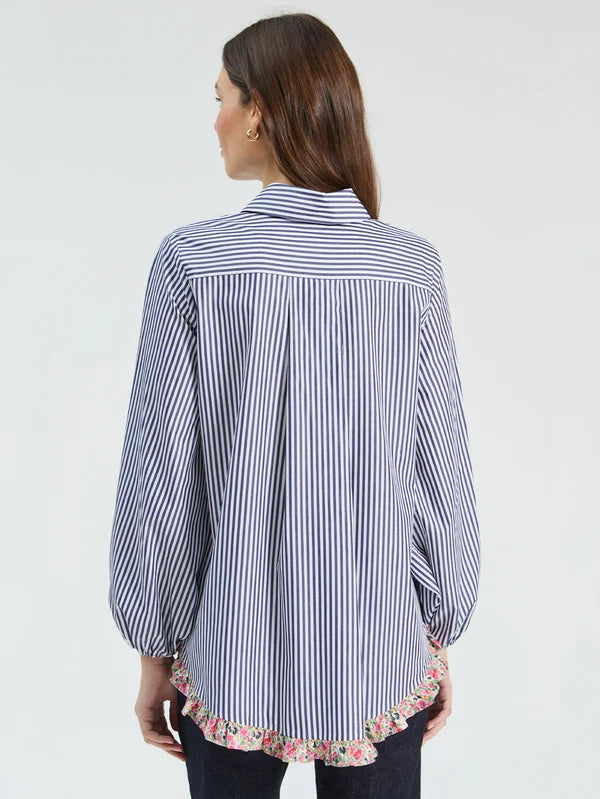 STRIPED SHIRT FRILL MINI FLOWER ON THE HEM