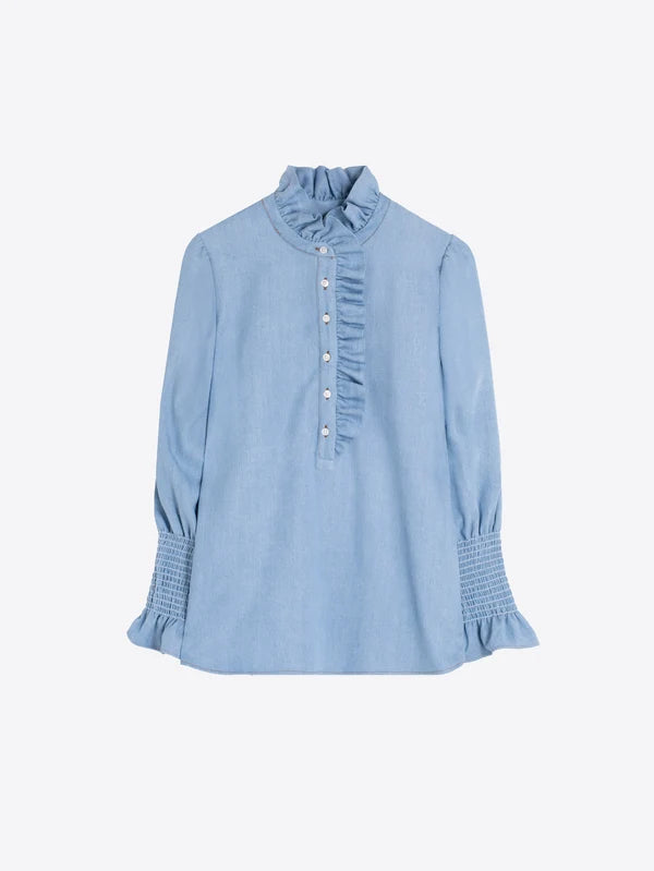 BLUE DENIM SHIRT WITH FRONT RUFFLES