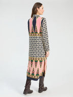 PINK AND BLACK ETHNIC GEO MIDI DRESS