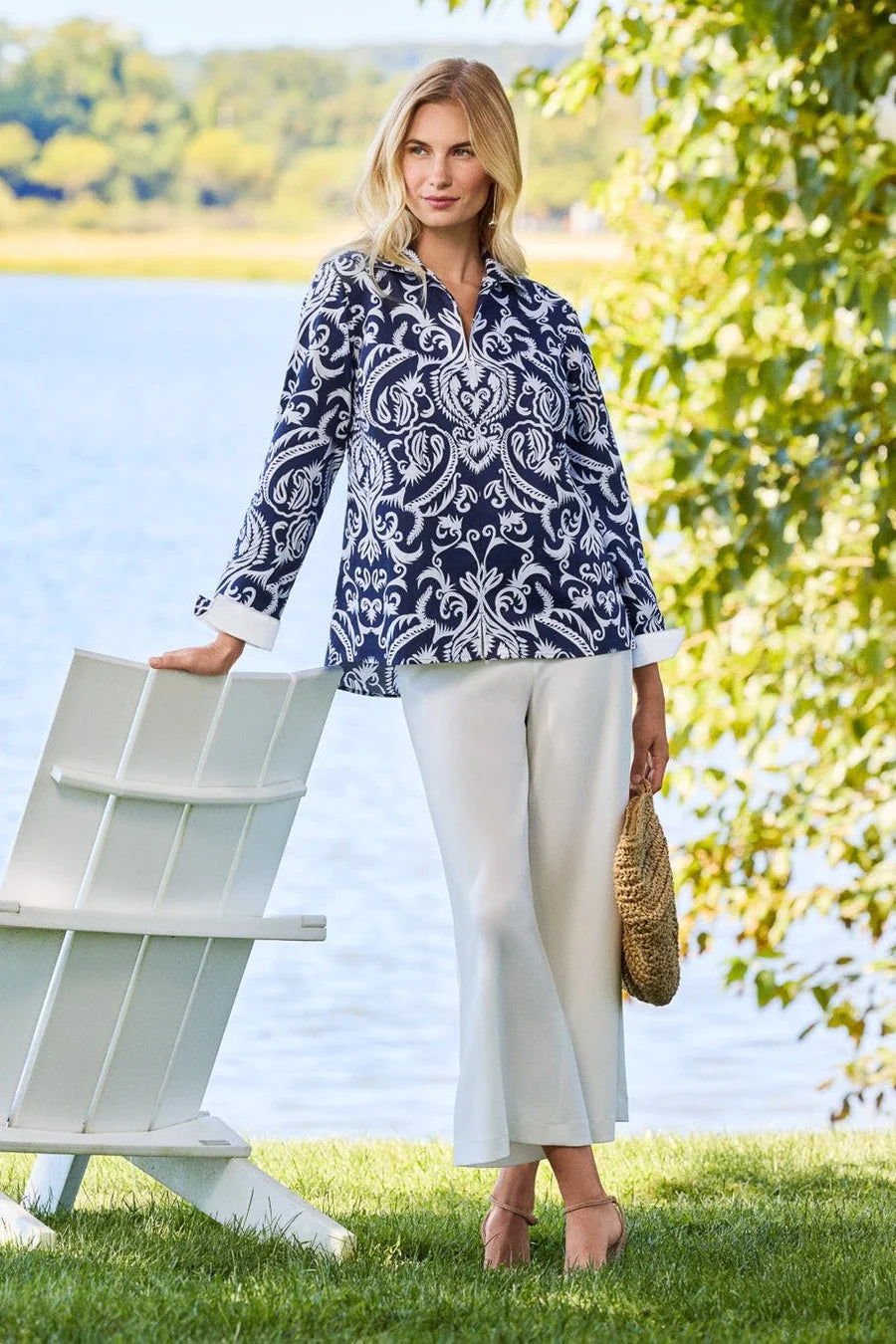 Agnes Printed Damask Long Sleeve Popover Shirt