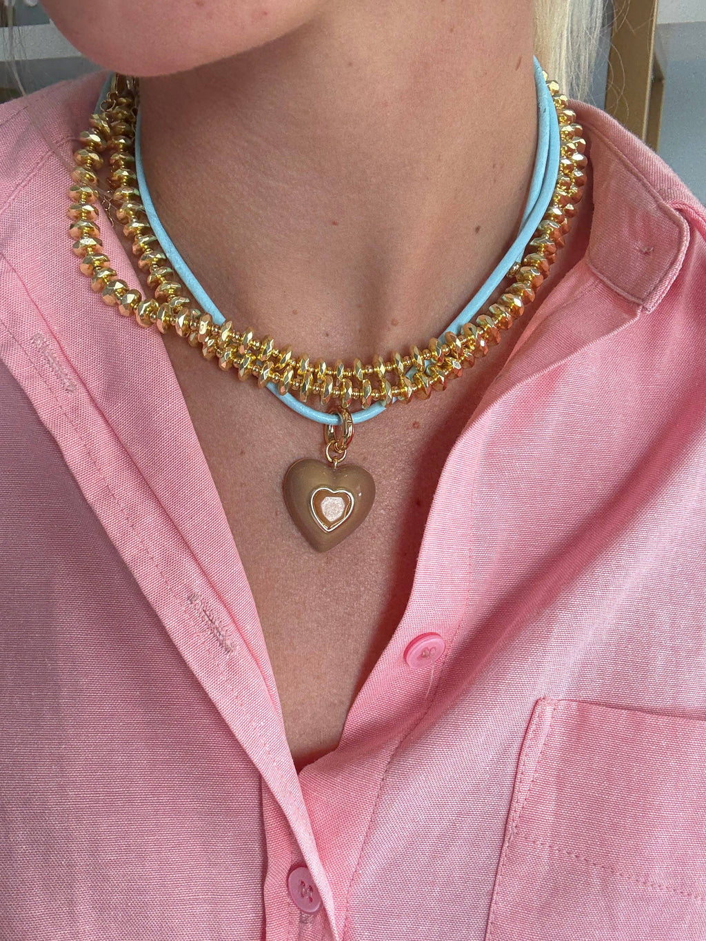 Heart Leather Cord Necklace - Powder Blue
