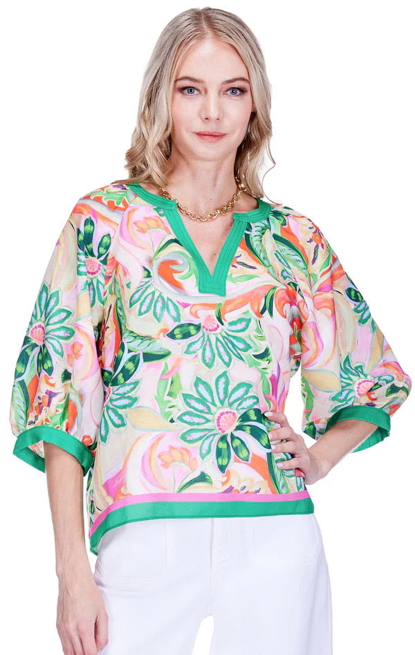 Stitch Trim Top, Patchwork Green