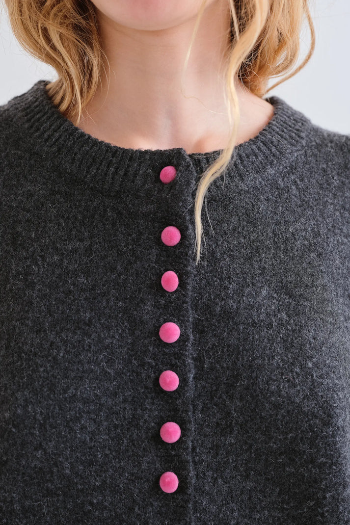 Grey Cardigan with Pink Buttons