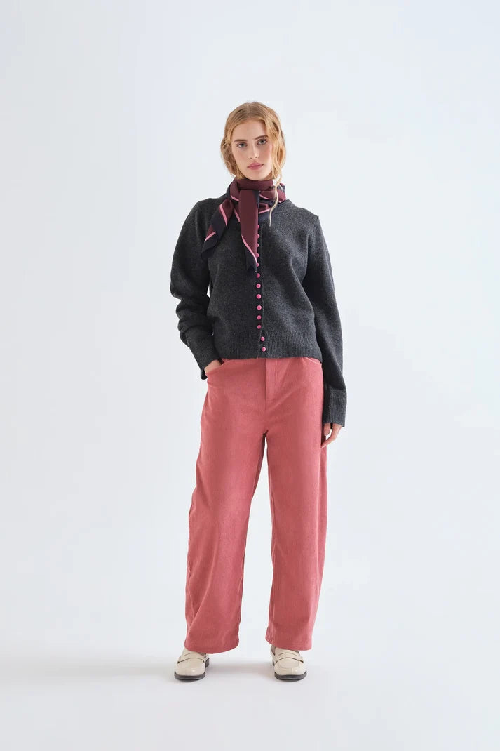 Grey Cardigan with Pink Buttons