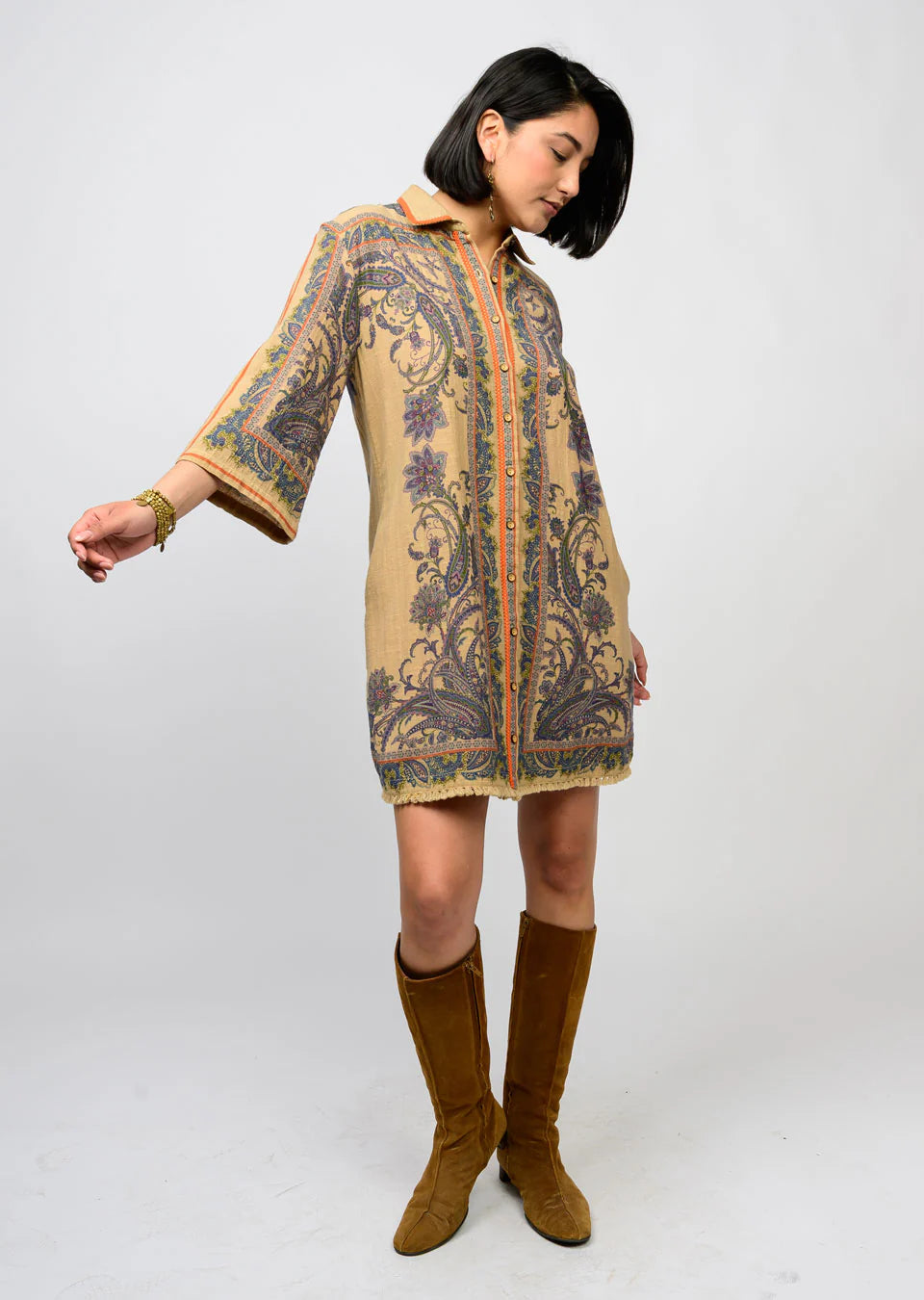 Paisley Border Shirtdress Camel