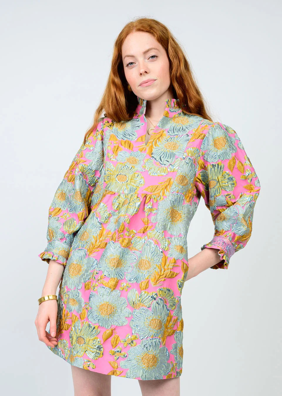 Brocade Ruffle Trim Dress Pink