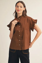 Brown SS Ruffle Top