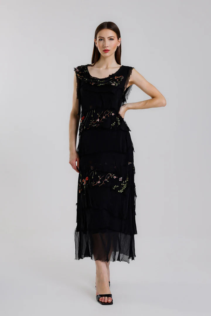 Embroidered Aleena Silk Maxi Ruffle Dress