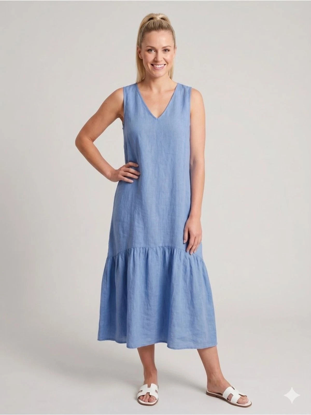 At Ease Linen Dress Blue