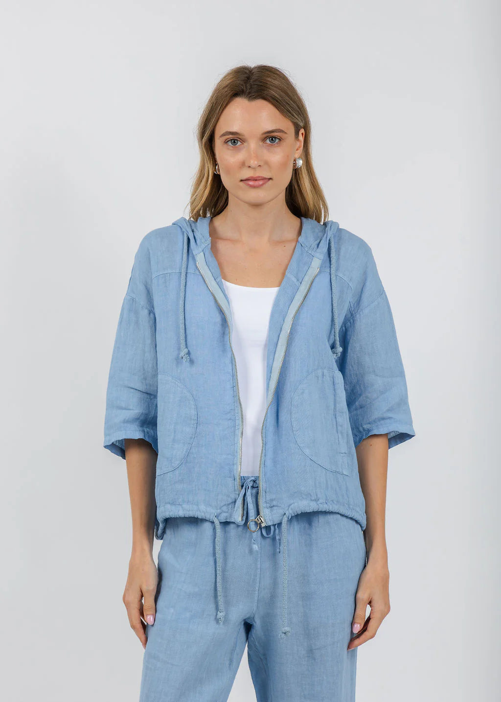 At Ease Linen Hoodie Blue