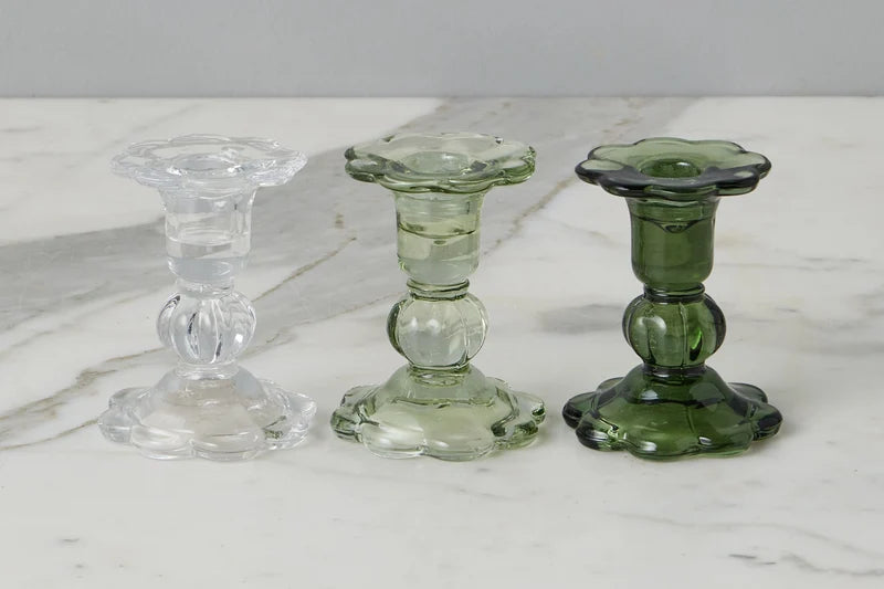 Glass Scalloped Candlesticks, Green, Set of 3