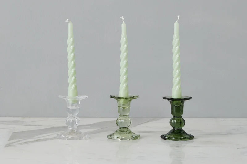 Glass Scalloped Candlesticks, Green, Set of 3