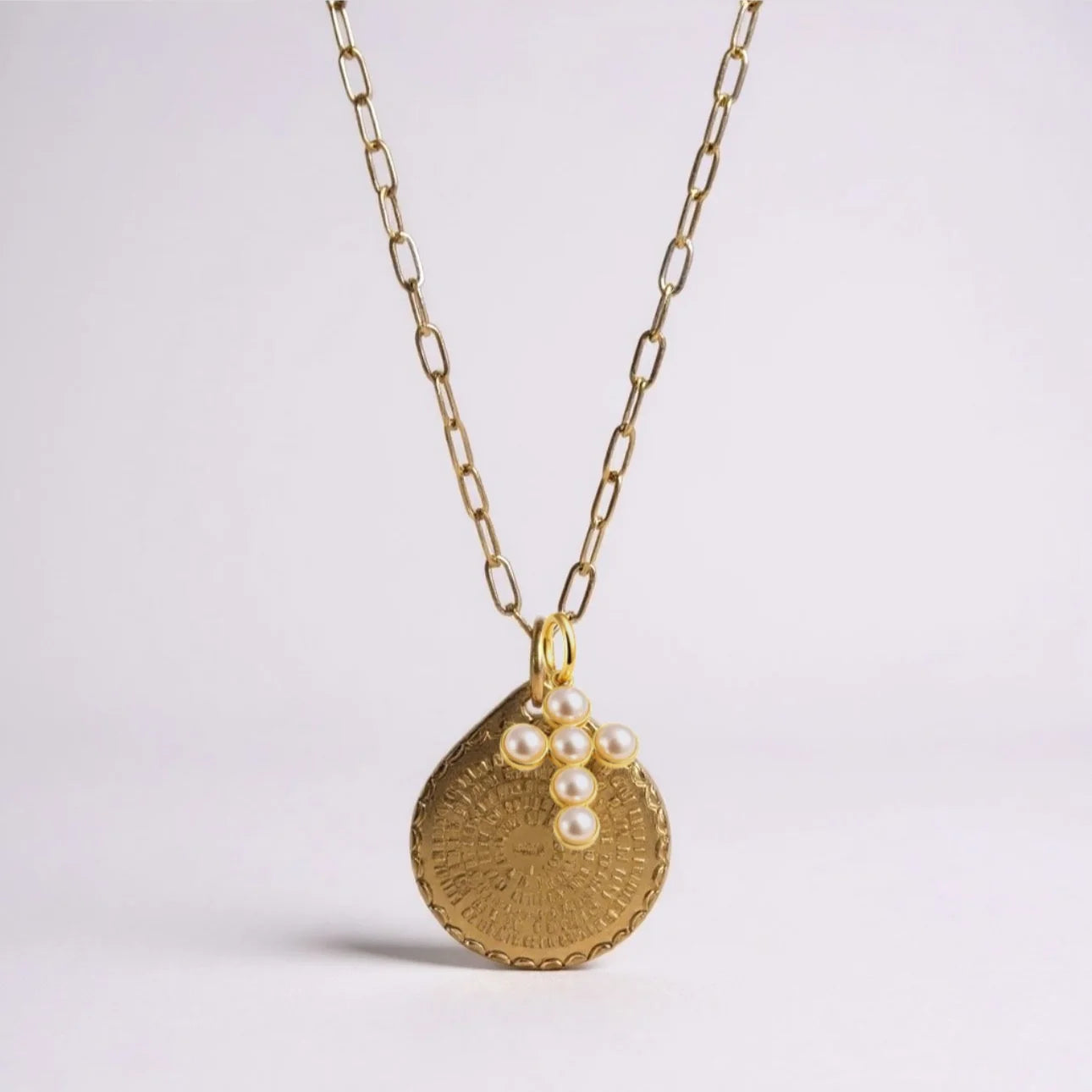 Lord's Prayer Medallion Chain with Pearl Cross