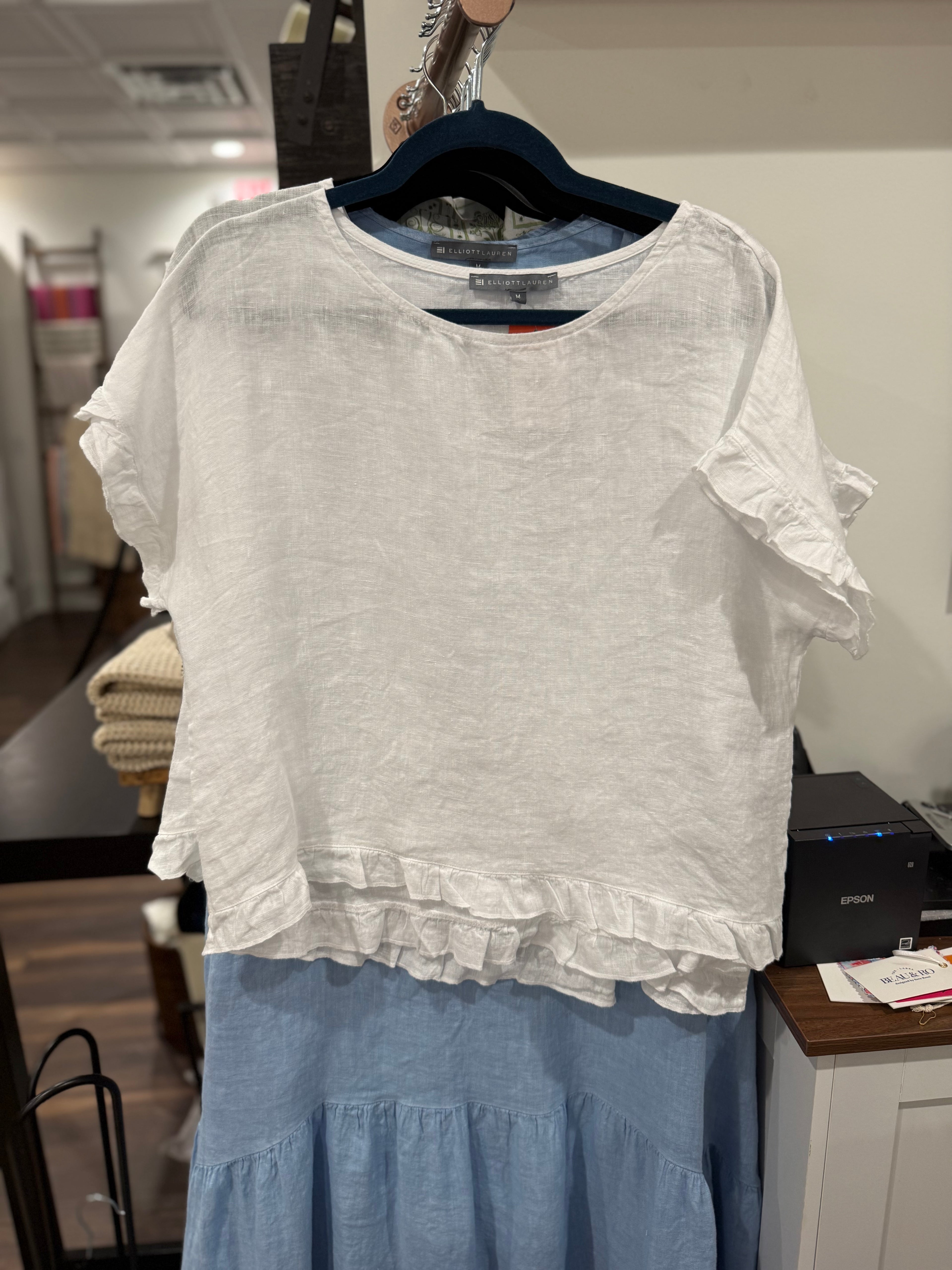 At Ease Linen Ruffle Top White