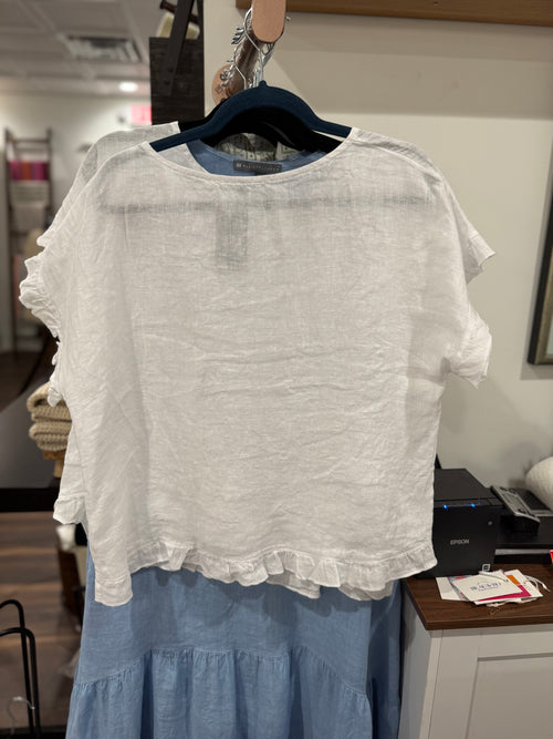 At Ease Linen Ruffle Top White