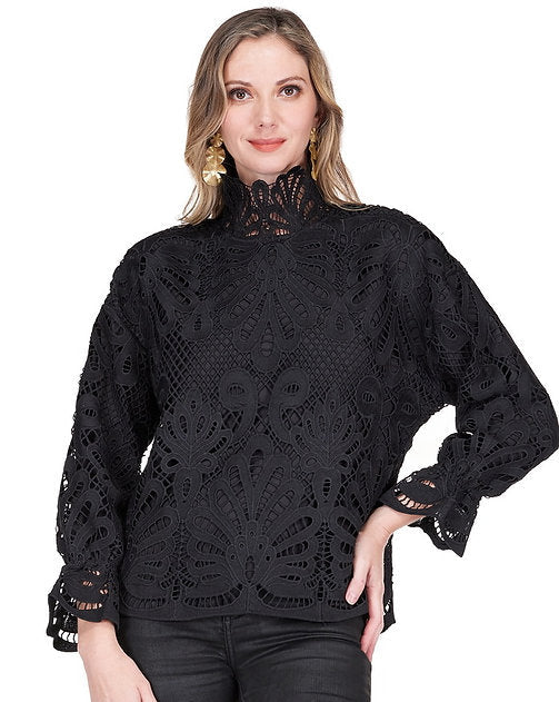 Black Lace Mock Neck Pull Over Top