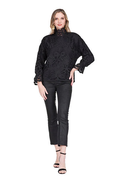 Black Lace Mock Neck Pull Over Top