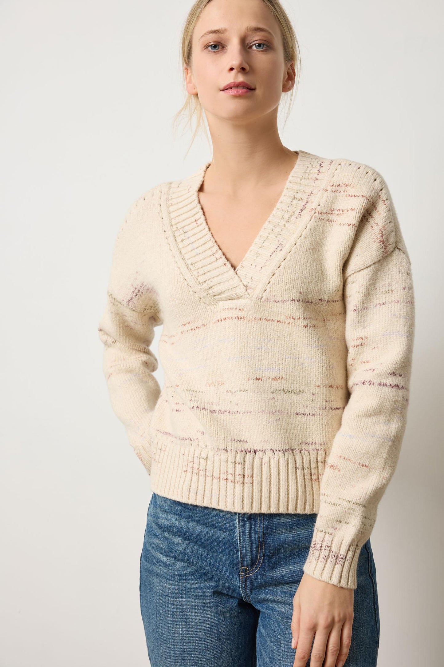 Oversized V-Neck Sweater : Eggshell Combo
