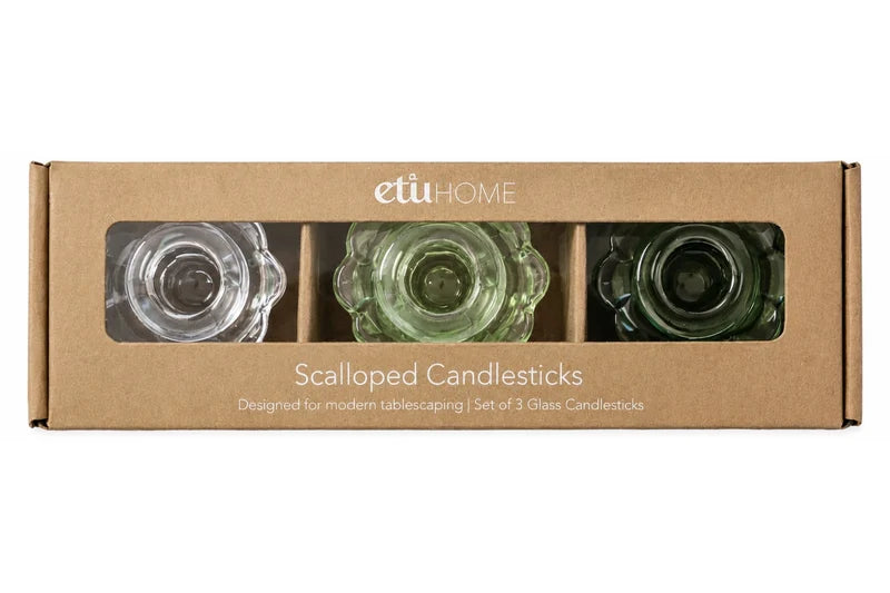 Glass Scalloped Candlesticks, Green, Set of 3