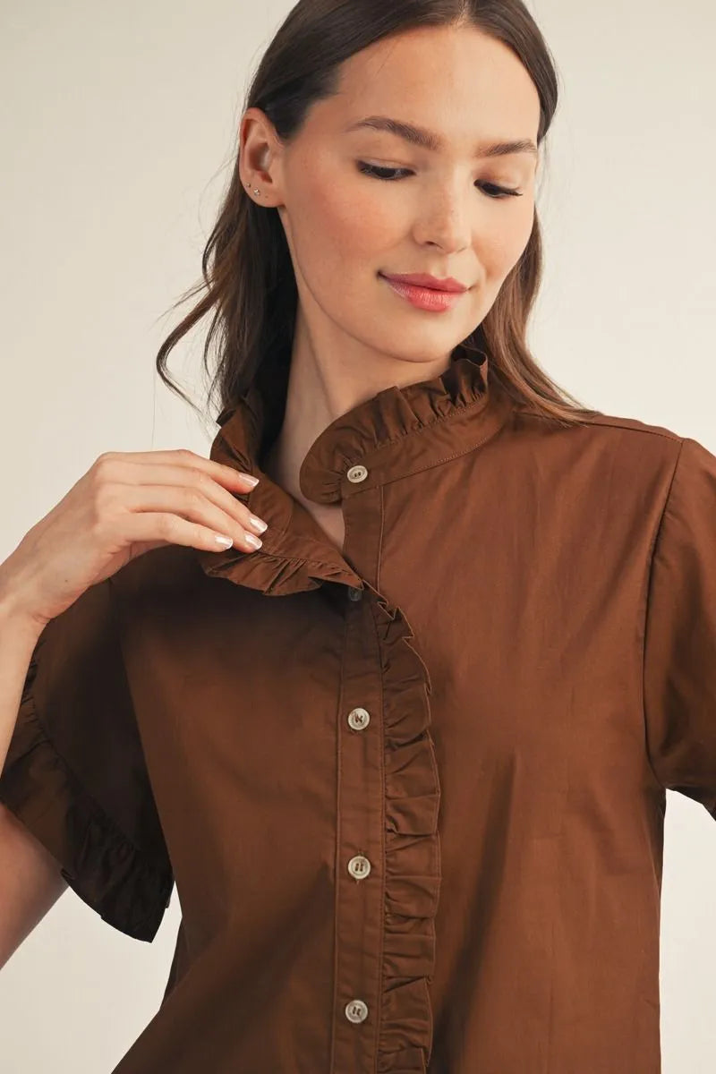 Brown SS Ruffle Top