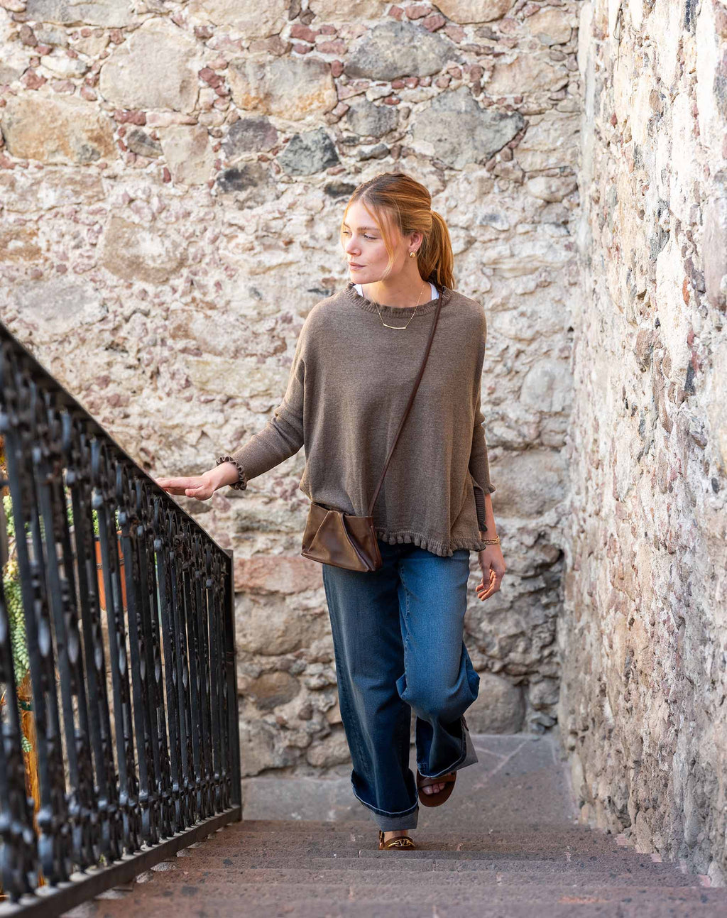 Catalina Cotton Ruffle Sweater - Taupe - One Size