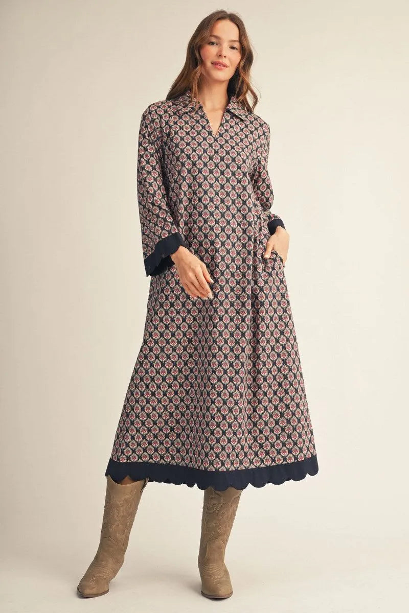 Geo Floral Midi Dress with Scallop