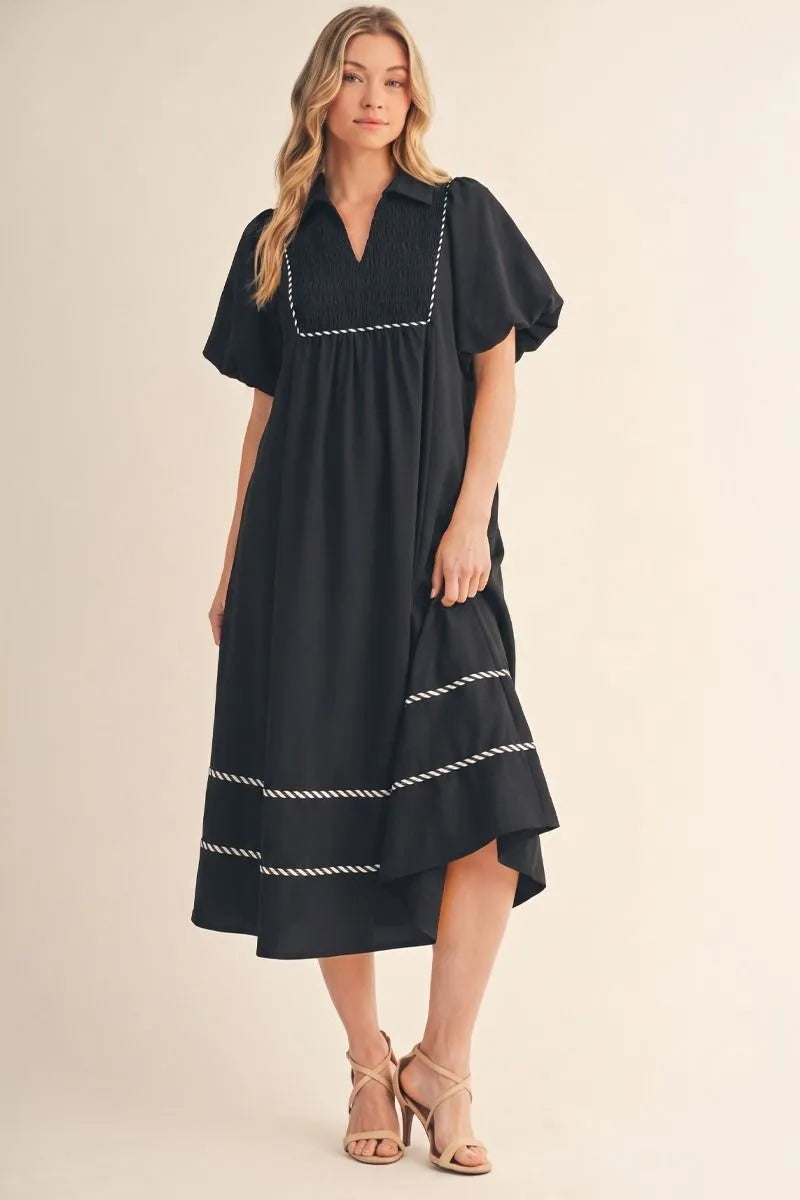 Black Puff Sleeve Midi Dress