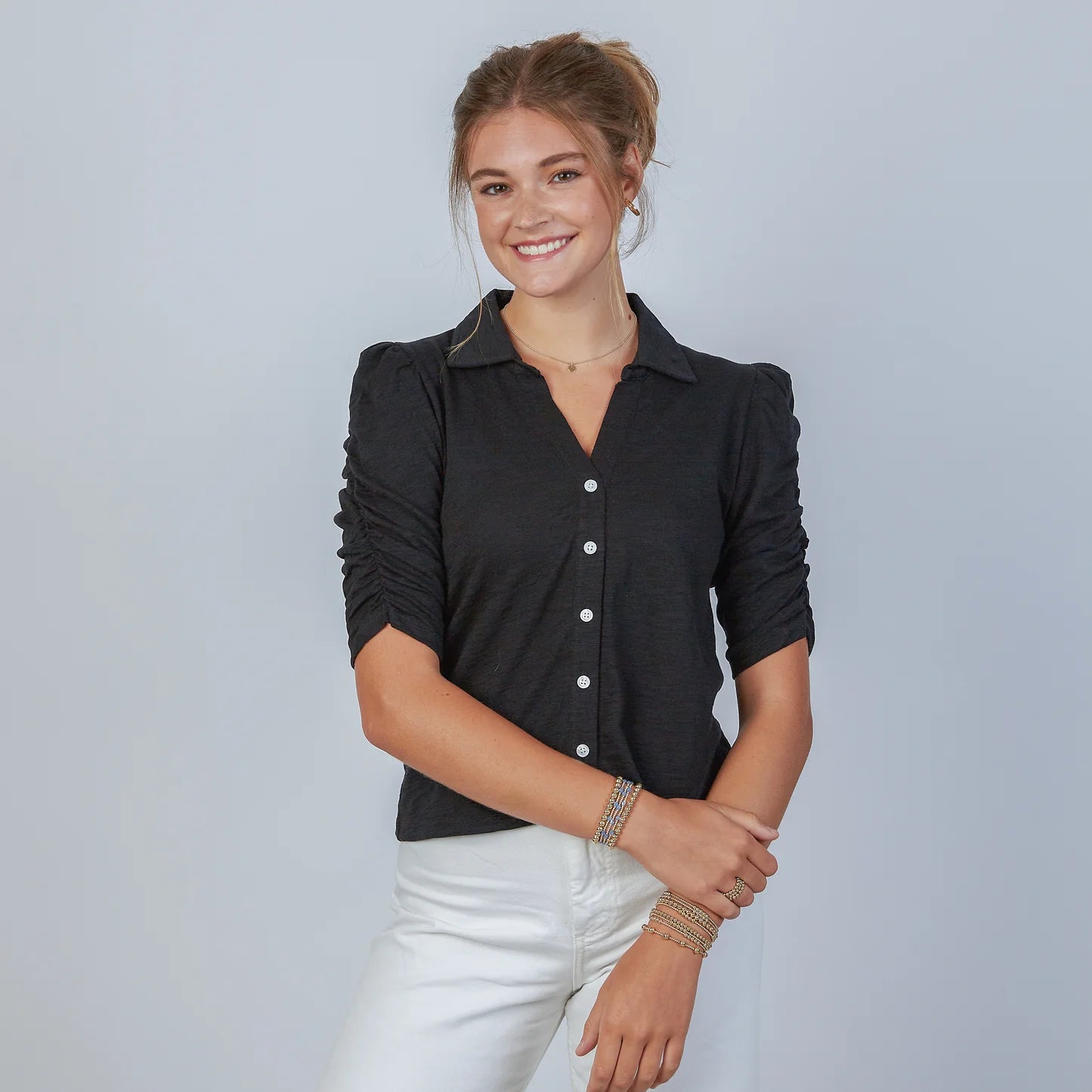 Erin Gray Grace Button-Up Elbow-Length Tee