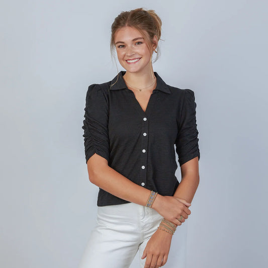 Erin Gray Grace Button-Up Elbow-Length Tee