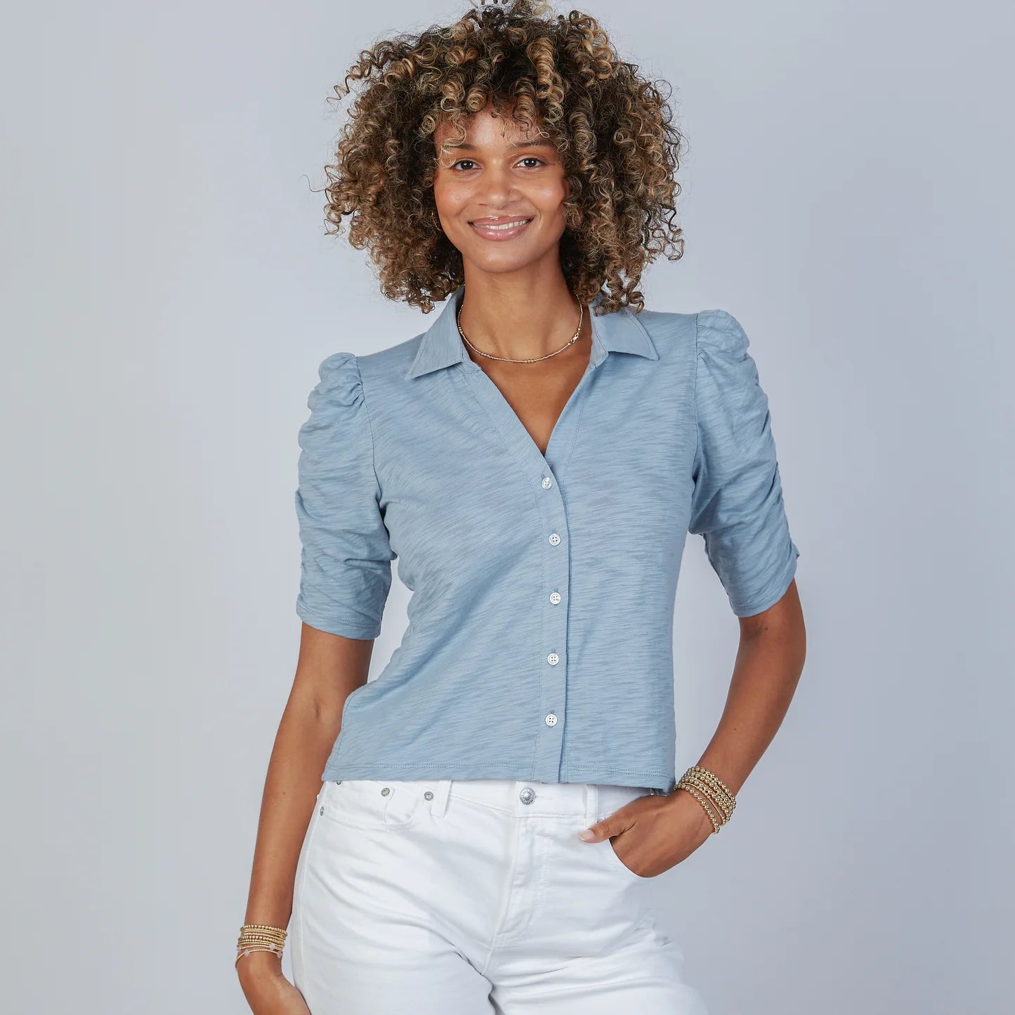 Erin Gray Grace Button-Up Elbow-Length Tee