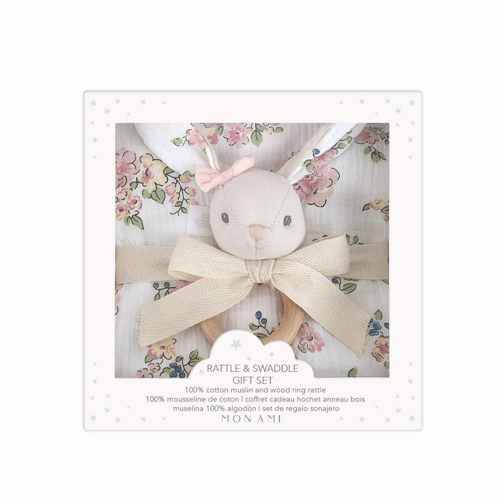 Parisian Floral Muslin Swaddle & Petit Bunny Wood Rattle Set