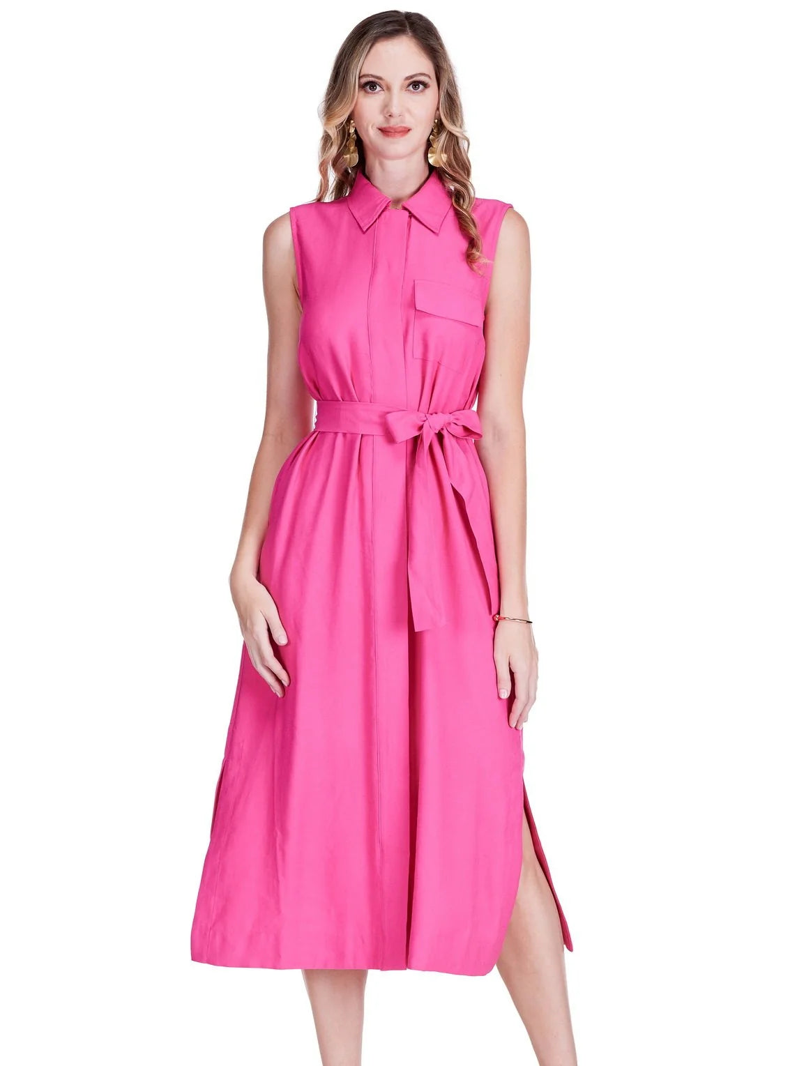 Pocket Slit Midi Shirtdress, Fuchsia