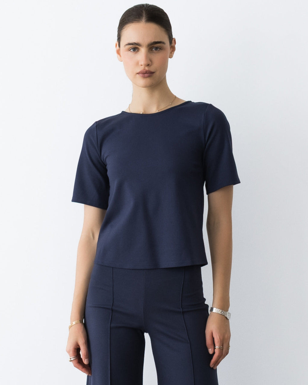 Ponte Knit Extended Short Sleeve Top - Wholesale