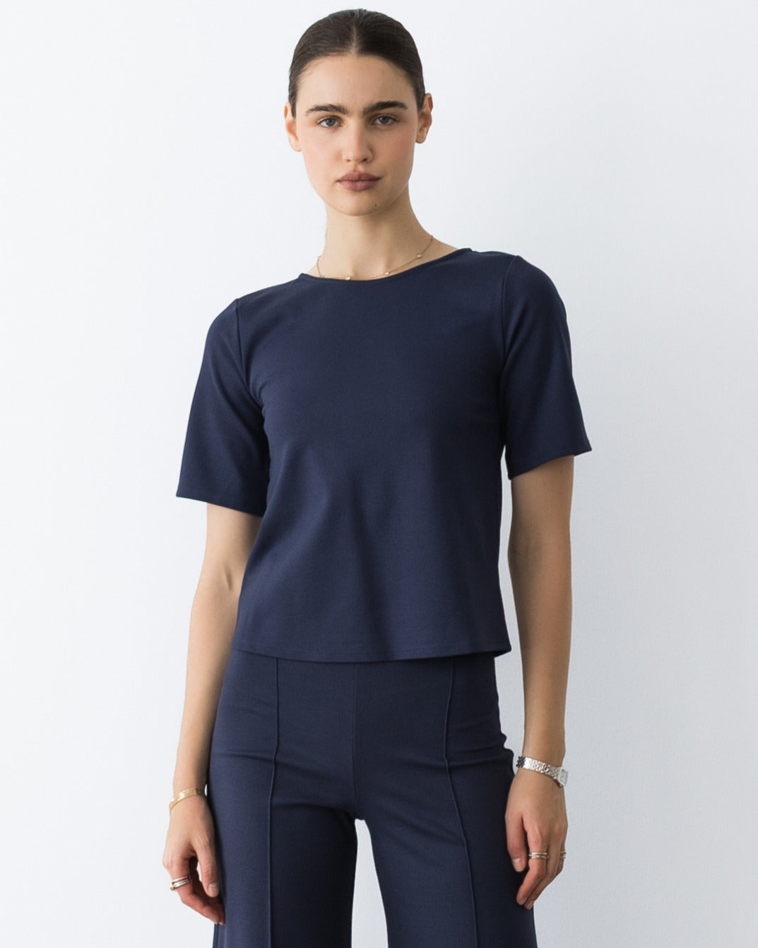 Ponte Knit Extended Short Sleeve Top - Wholesale