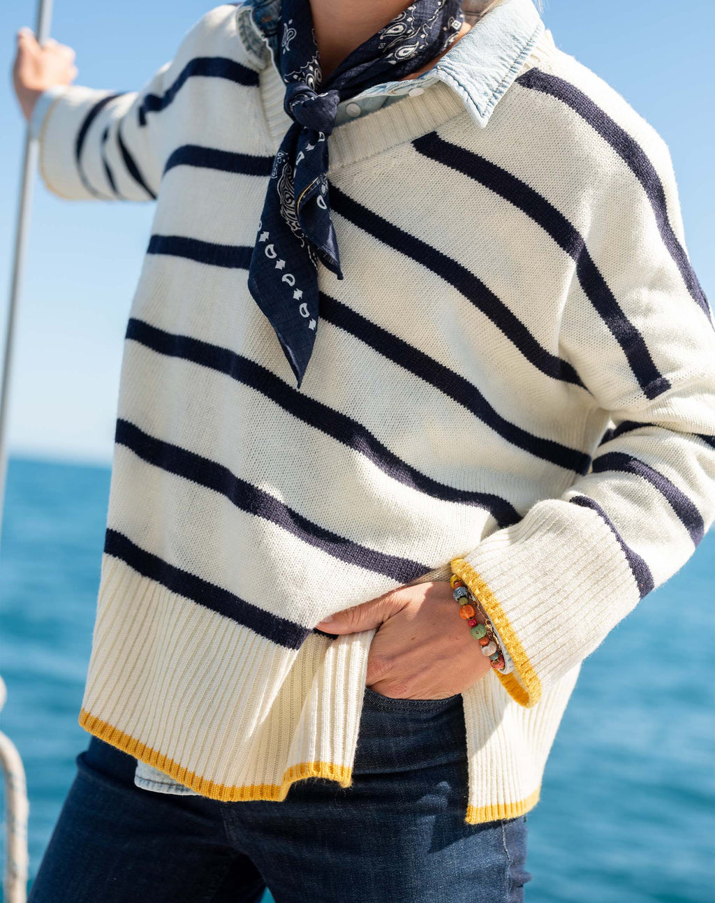 Montauk VNeck Sweater - Cream/Navy/Golden