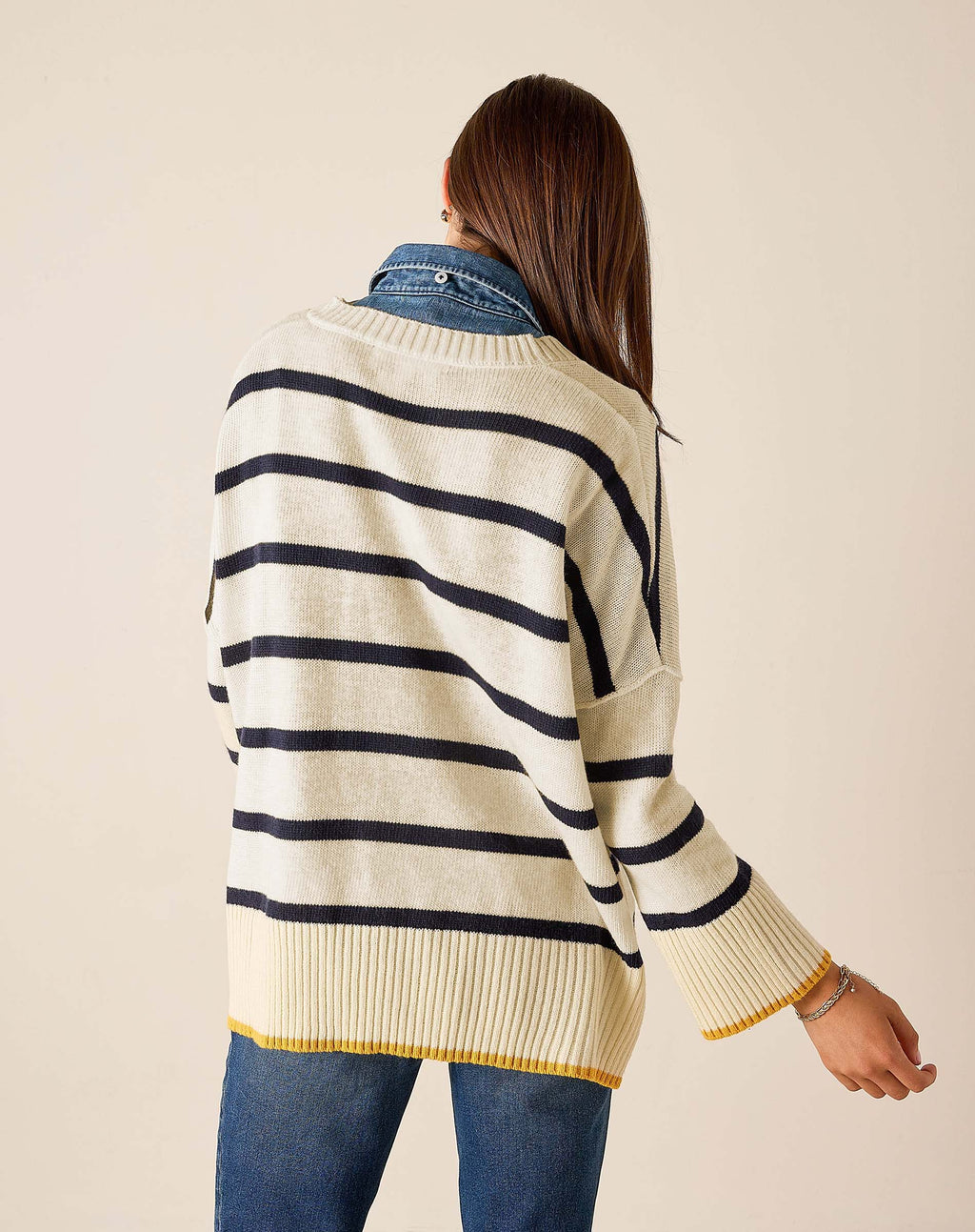 Montauk VNeck Sweater - Cream/Navy/Golden