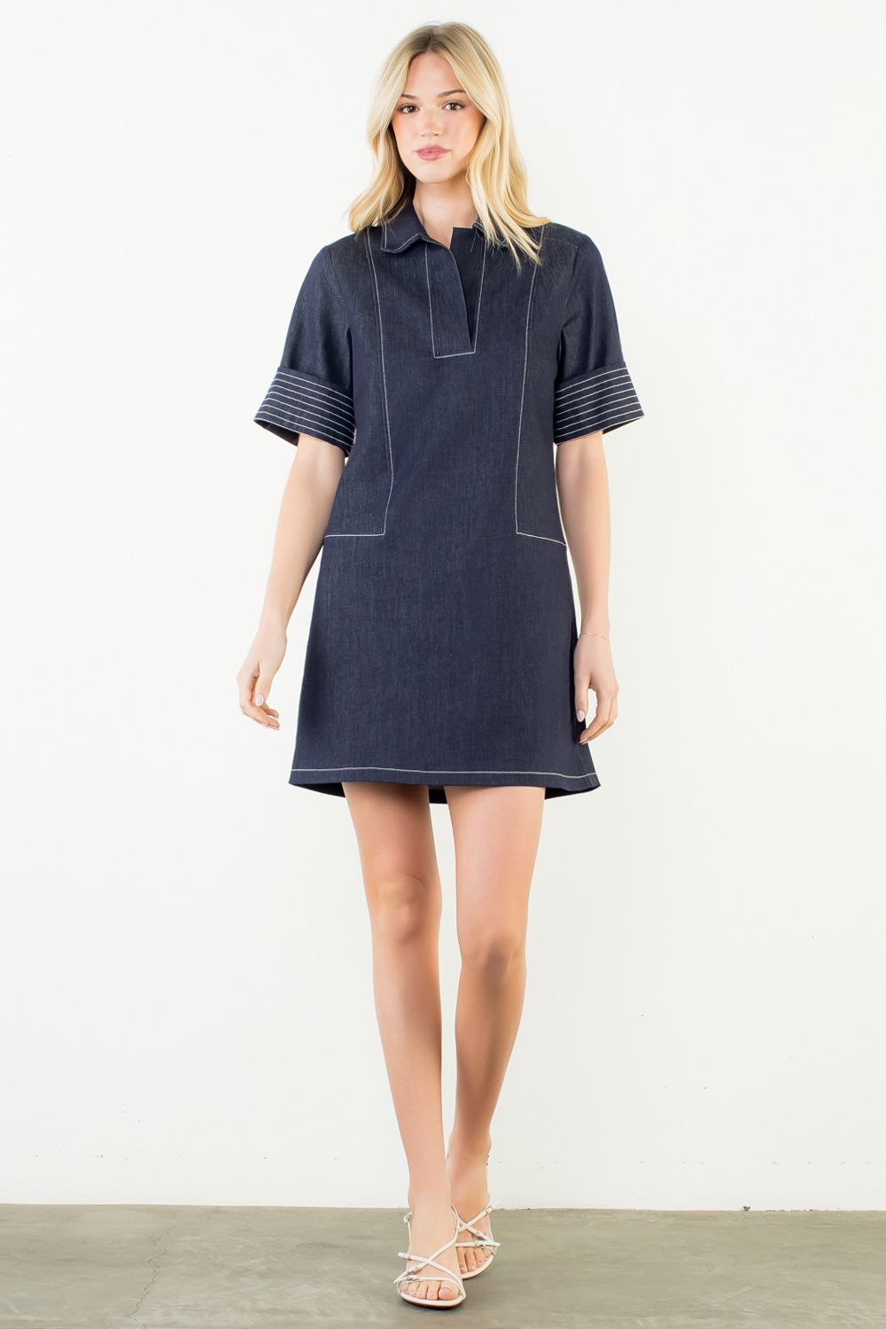 Short Sleeve Collared V-Neck Dress
